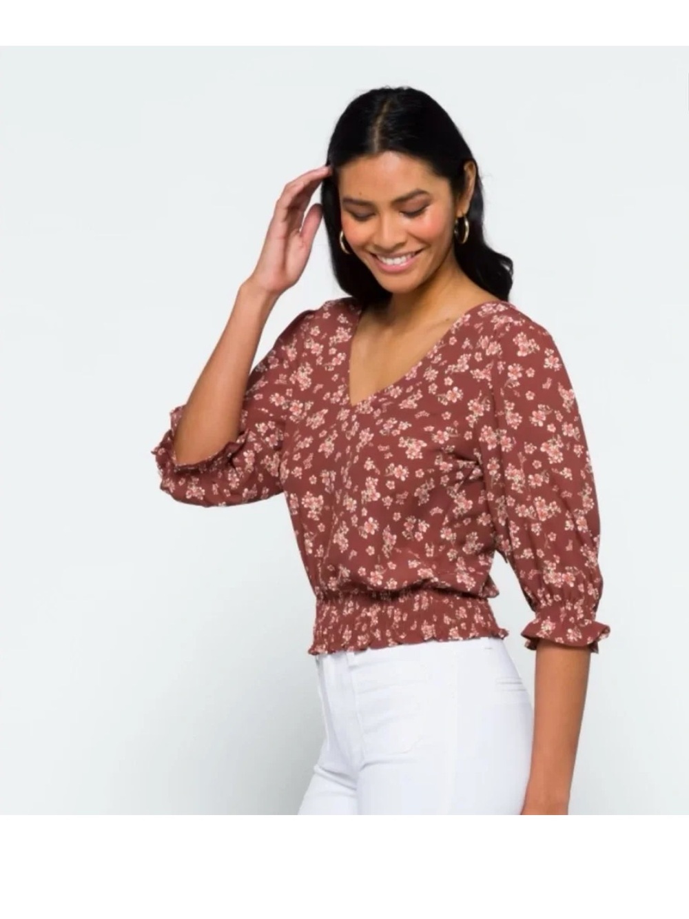 nine britton Floral V-Neck Smocked Hem Top - Rust